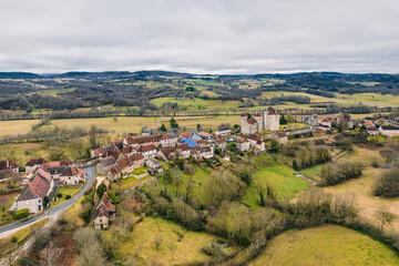 Aerial view of Curemonte in France, with old castles and the historic town buildings in the village