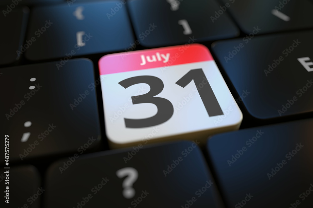 Poster july 31 date on a keyboard key, 3d rendering