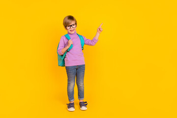 Full size photo of charming little boy point finger empty space recommend school courses isolated on yellow color background