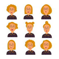 Old Woman In Glasses With Various Facial Expression. Cartoon Character. Vector Illustration.