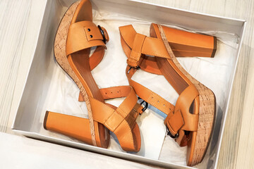 Fashion summer womens heeled sandals in a box, top view