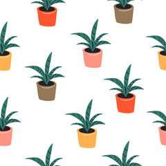 Fototapeta na wymiar Seamless Pattern With House Plants In Pots. Cute Hand darwn Background. Colorful Print On White Background. Vector Illustration.
