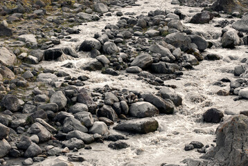 Mountain river water landscape. Forest river wild landscape. Wild river stream rocks flowing.