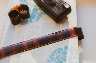 Atmosphere 90s aesthetic, old photo albums, fashion trend on a retro vibes.