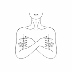 Woman continuous line drawing. The naked body of a woman with her arms crossed on her chest. Woman drawing beauty, health, breast cancer prevention. Modern graphic style