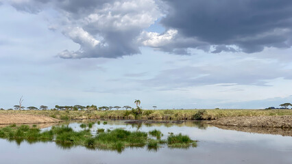 Lake in Ngorongoro National Park. Stunning amazing landscapes of Africa. Beautiful nature.