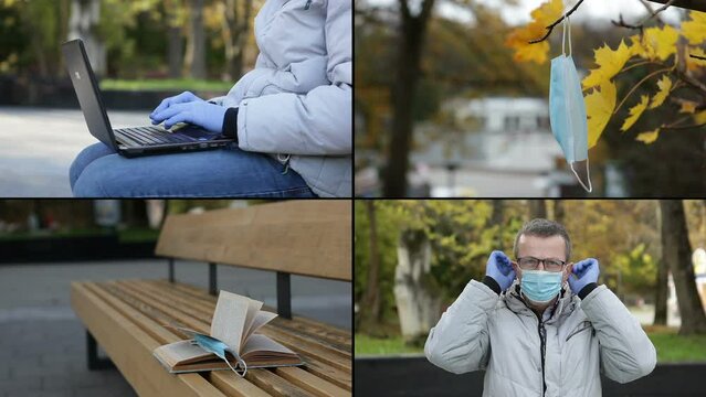 A man puts on a mask. A man works at a laptop in medical gloves sitting on a bench. Anti-Covid restrictions. Multi Camera monitor. Multi Screen editing.