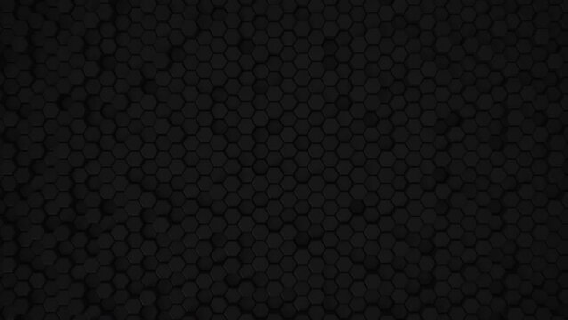 Abstract Hexagon Geometric Surface Loop 5 Black: dark minimal hexagonal grid pattern animation in deep midnight black. Clean background with glossy black hexagon shapes. Space grey. Dramatic feel