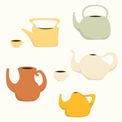 Collection of  teapots and cups. Decorative kitchen tools, household utensils, ceramic drinkware for tea time or coffee. Flat cartoon vector illustration.