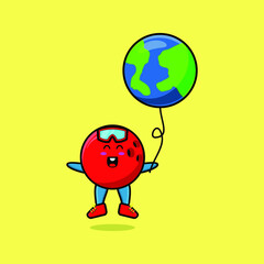 Cute cartoon bowling ball floating with earth world balloon cartoon vector illustration in concept 3d cartoon style