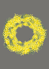 ミモザアカシアのリース　背景素材　花柄　手書きイラスト　春のイメージ　レトロ　北欧デザイン