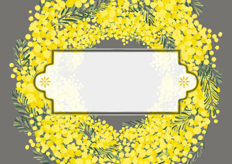 ミモザアカシアのリース　背景素材　花柄　手書きイラスト　春のイメージ　レトロ　北欧デザイン