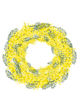 ミモザアカシアのリース 背景素材 花柄 手書きイラスト 春のイメージ レトロ 北欧デザイン Stock Illustration Adobe Stock