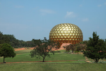 Matrimandir Auroville. township in Viluppuram district mostly in the state of Tamil Nadu, India...