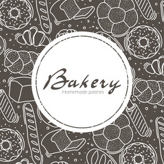 Trendy vector design for bakery or cafe.Illustrations of buns, bread,baguette, and other pastries for packaging, labels,or signage.Line art illustration of food for banner,flyer or menu.Lettering.