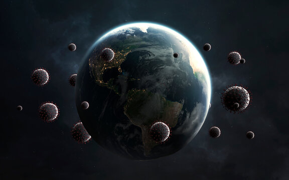 3D illustration of Coronavirus infection is attacking the planet Earth. World Covid Epidemic. Elements of image provided by Nasa
