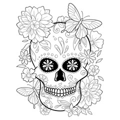 Vector black and white Sugar Skull illustration with flowers