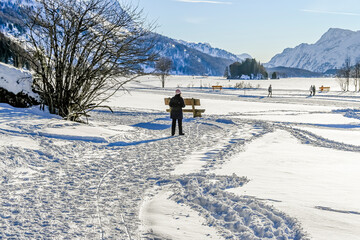 Sils, Silsersee, Langlauf, Langlaufloipe, Maloja, Malojawind, Piz da la Margna, Holzbank, Winter,...