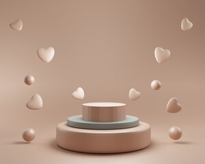 3D podium display background. Beige with levitating hearts. Beauty cosmetic product presentation. Minimal pastel showcase. Abstract studio love valentines day 3D render.