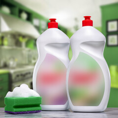 Two detergents in bottles on the background of a modern kitchen, next to a sponge for washing dishes with foam