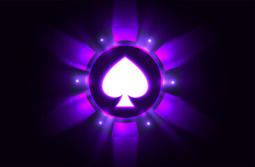 Vector luminous purple neon light casino poker chip banner. Dark night gamble background. Poker club text, blackjack or online casino banner - 487581299