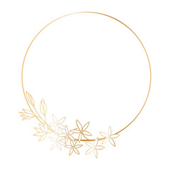 Decorative template with a round frame with a bouquet of a blossoming branch of spring flowers for holiday design cards, congratulations, flyers, letterheads. Freehand drawing, golden gradient.