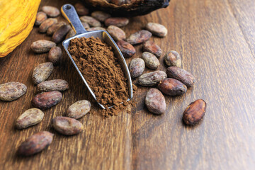 Cocoa powder and cocoa bean on wooden table