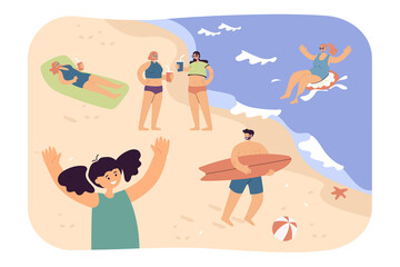 Happy people on sandy summer beach flat vector illustration. Men and women sunbathing, drinking cocktails, floating on tube in sea. Vacation concept for banner, website design or landing web page