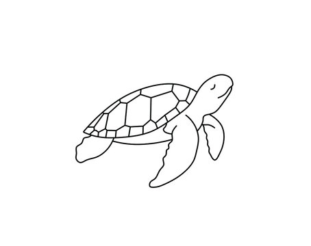 Vector isolated cute cartoon swimming sea turtle colorless black and white contour line drawing
