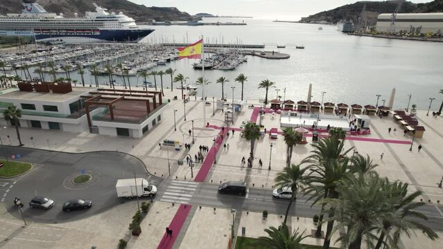 Aerial forward over promenade at Cartagena touristic port, Spain