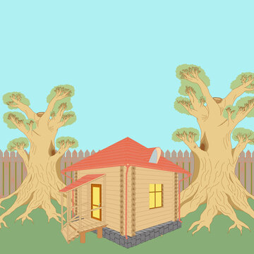A vector illustration of a wooden house on the green lawn with two trees and a fence behind it.