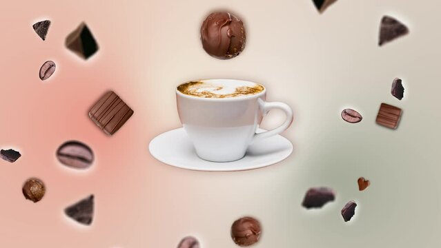 Minimal motion design graphic 4k food animation. Chocolate crumbs and coffee beans explosion and move around a cup of coffee Capuccino at trending gradient background. invigorating Good morning drink.