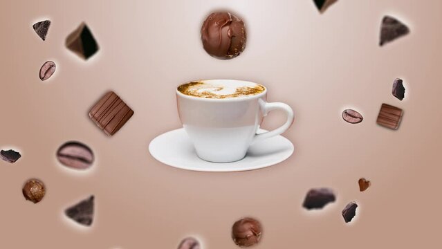 Move different directions chocolate chips and Roast coffee beans explosion on beige gradient background, flying around a cup of coffee. Animation as symbol of morning energy and cheerfulness or evenin