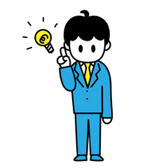 男性　会社員　指さし　ひらめき　全身　イラスト