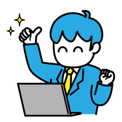 男性　会社員　ビジネス　パソコン　笑顔　成功　イラスト