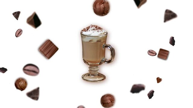 Move different directions and many diameters chocolate chips and Roast coffee beans Falling on isolated background, flying and wiggle around a cup of  latte. Animation as symbol of morning energy