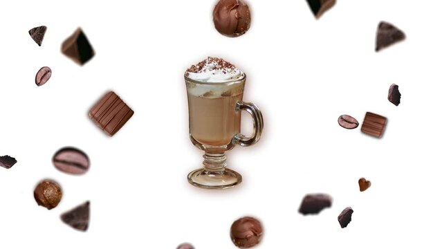 Flow of many different direction and size chocolate chips and coffee beans on a white background. The Concept of Creative motion Design Template for Good morning meal beverage coffee shop. Professiona
