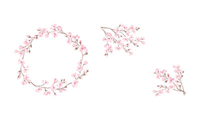 Twigs of Sakura or Cherry Blossom Arranged in Wreath Vector Illustration Set © Happypictures