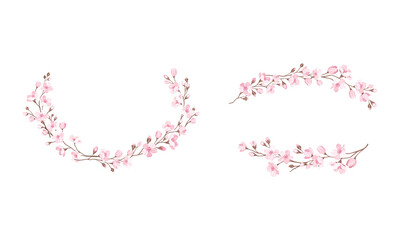 Twigs of Sakura or Cherry Blossom in Semicircle Vector Illustration Set