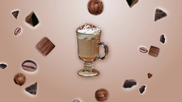 Move different directions chocolate chips and Roast coffee beans explosion on beige gradient background, flying around a cup of latte. Animation as symbol of morning energy and cheerfulness or evening