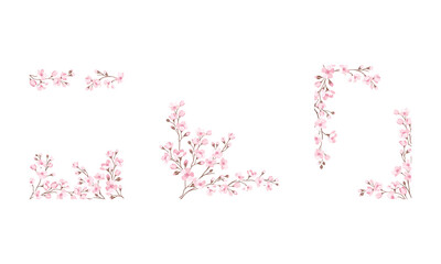 Twigs of Sakura or Cherry Blossom Arranged in Border Vector Illustration Set