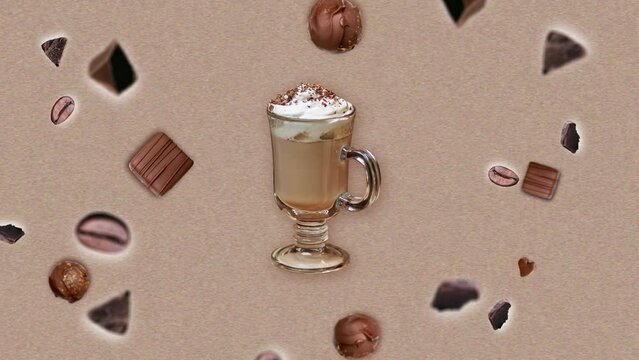 Chocolate crumbs and coffee beans explosion and wiggle around a cup of  latte on Noise paper texture background. Concepts of levitation Animation. Breakfast hot beverage. Coffee time or cafe break