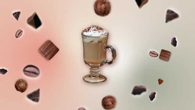 Minimal motion design graphic 4k food animation. Chocolate crumbs and coffee beans explosion and move around a cup of coffee at trending gradient background. invigorating Good morning drink. video Tem