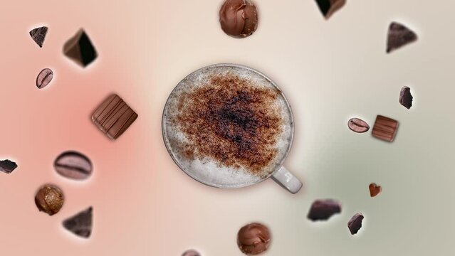 Minimal motion design graphic 4k food animation. Chocolate crumbs and coffee beans explosion and move around a cup of coffee at trending gradient background. invigorating Good morning drink. video Tem