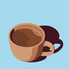 Cup of coffee with a sharp shadow, cartoon drawing style, flat vector illustration.