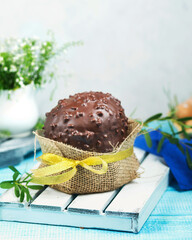 Easter cakes. Painted eggs. Easter background. Spring still life. Panettone with chocolate. 
