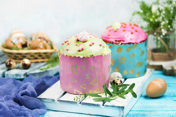 Easter cakes. Painted eggs. Easter background. Spring still life. Panettone.
