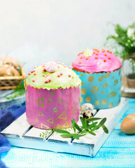 Easter cakes. Painted eggs. Easter background. Spring still life. Panettone.