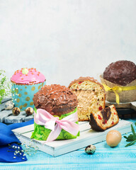 Easter cakes. Painted eggs. Easter background. Spring still life. Panettone with chocolate. 