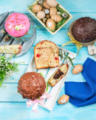 Easter cakes. Painted eggs. Easter background. Spring still life. Panettone with chocolate. 
